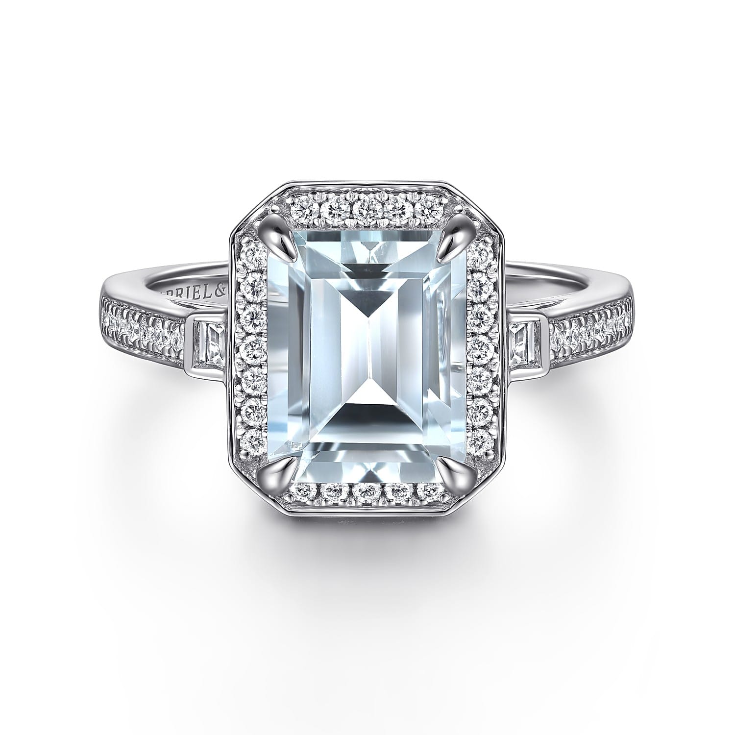 Luiza - 14K White Gold Emerald Three Stone Halo Aquamarine and Diamond Engagement Ring - 0.23 ct - Shot 1