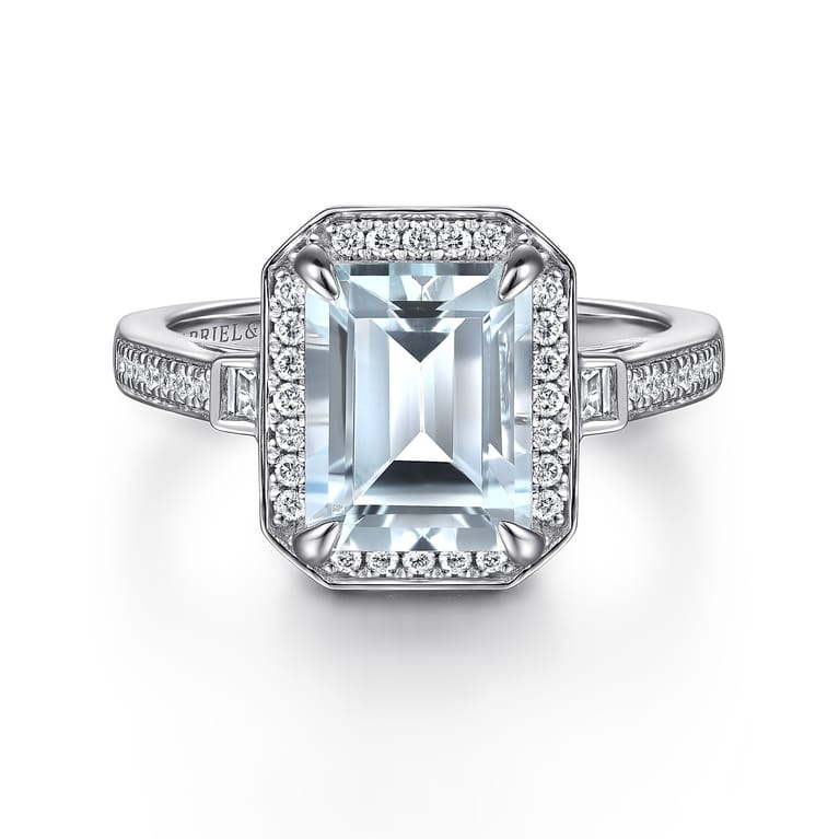Luiza - 14K White Gold Emerald Three Stone Halo Aquamarine and Diamond Engagement Ring - 0.23 ct - Shot 1
