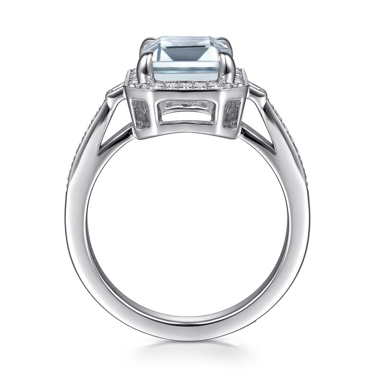 Luiza - 14K White Gold Emerald Three Stone Halo Aquamarine and Diamond Engagement Ring - 0.23 ct - Shot 2