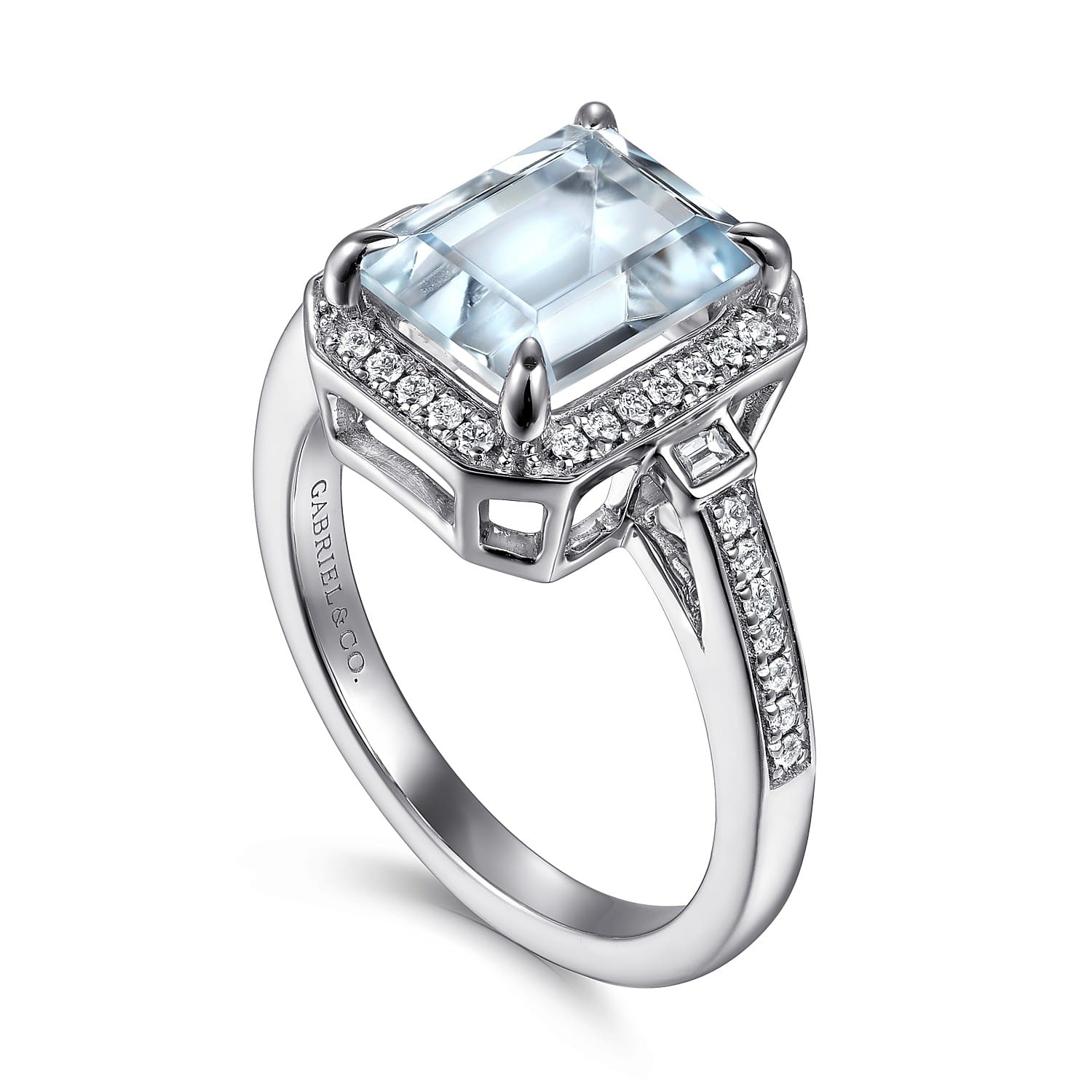 Luiza - 14K White Gold Emerald Three Stone Halo Aquamarine and Diamond Engagement Ring - 0.23 ct - Shot 3