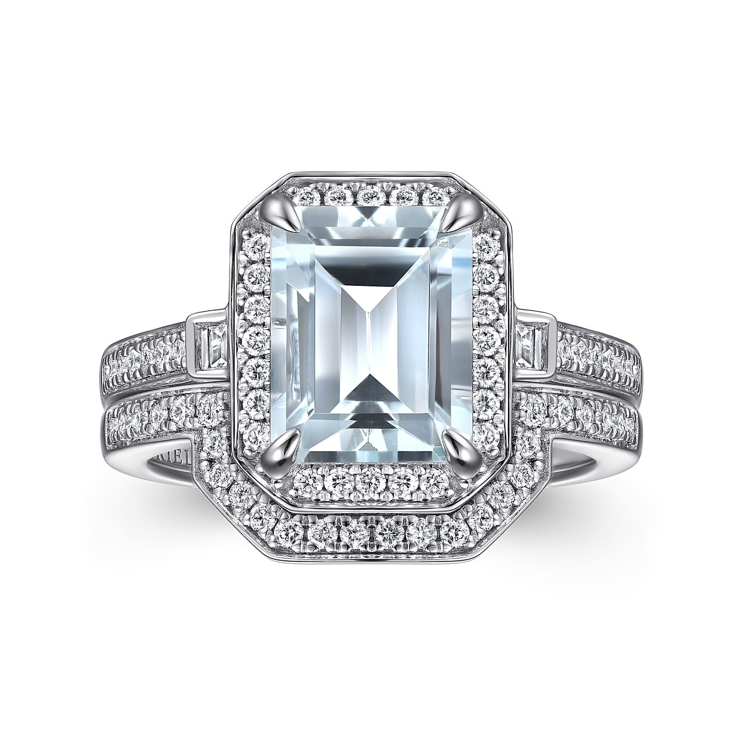 Luiza - 14K White Gold Emerald Three Stone Halo Aquamarine and Diamond Engagement Ring - 0.23 ct - Shot 4