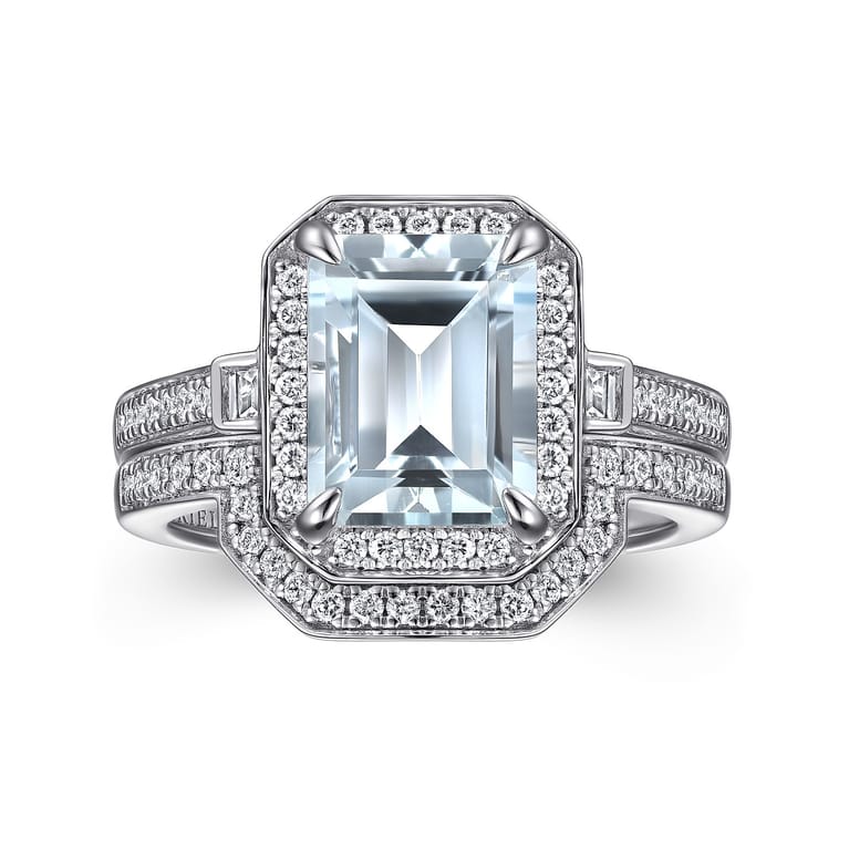 Luiza - 14K White Gold Emerald Three Stone Halo Aquamarine and Diamond Engagement Ring - 0.23 ct - Shot 4