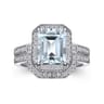 Luiza - 14K White Gold Emerald Three Stone Halo Aquamarine and Diamond Engagement Ring - 0.23 ct