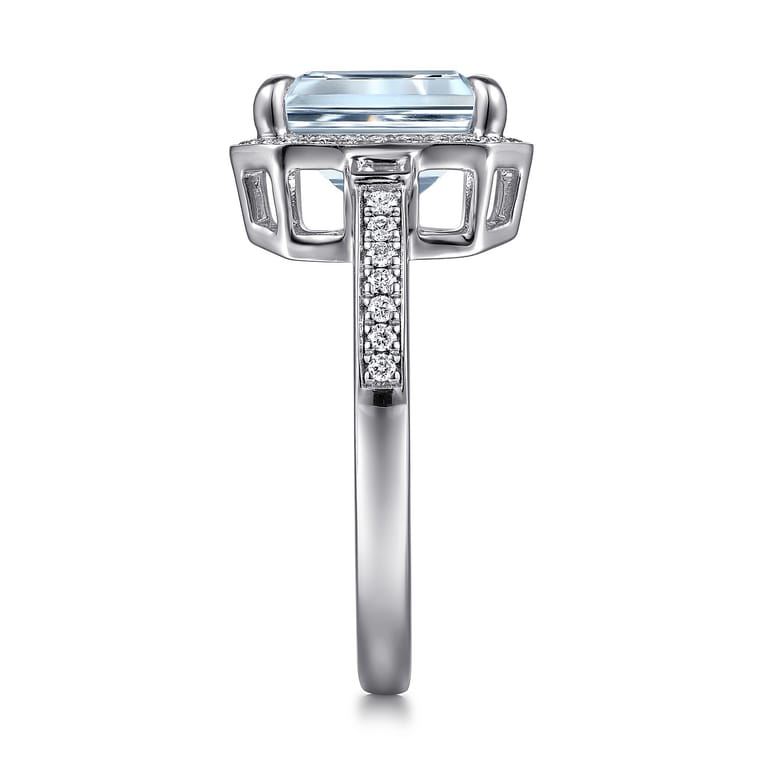 Luiza - 14K White Gold Emerald Three Stone Halo Aquamarine and Diamond Engagement Ring - 0.23 ct - Shot 5