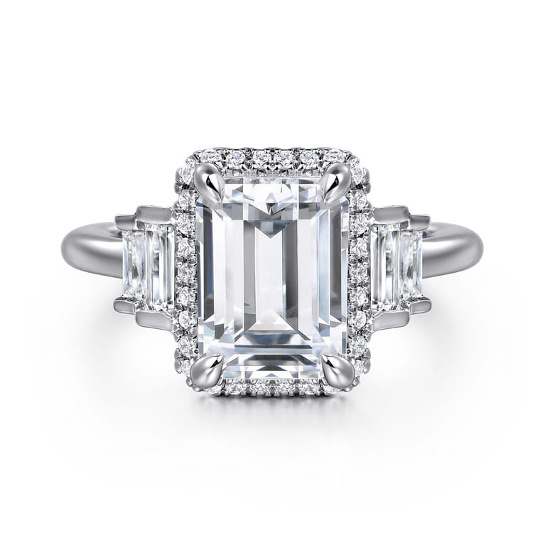 Anita - 14K White Gold Emerald Cut Halo Five Stone Diamond Engagement Ring - 0.6 ct - Shot 1