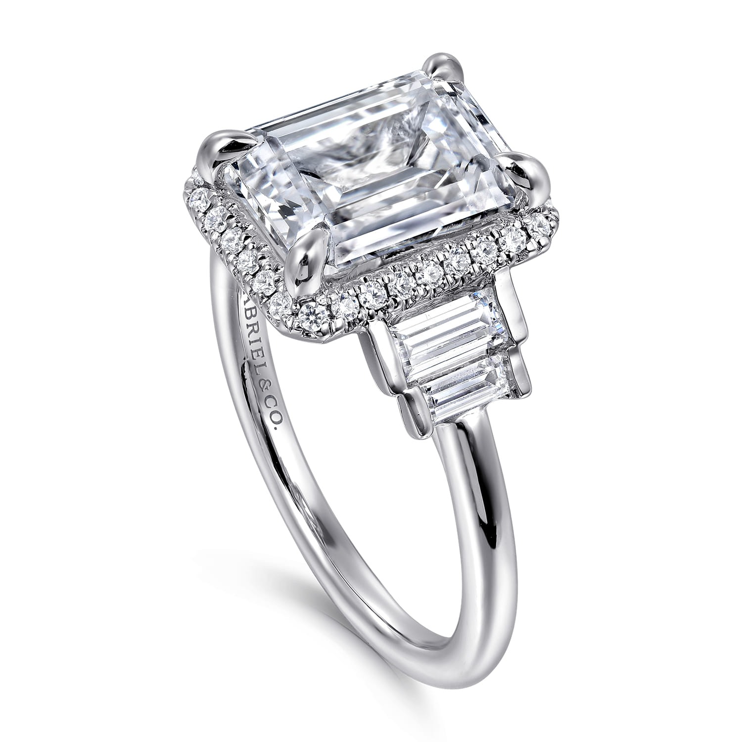 Anita - 14K White Gold Emerald Cut Halo Five Stone Diamond Engagement Ring - 0.6 ct - Shot 3