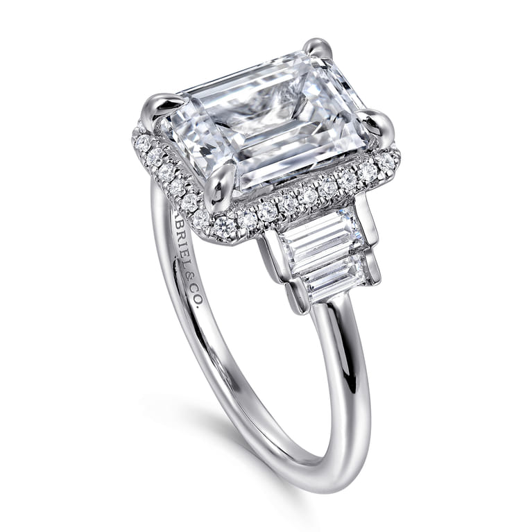 Anita - 14K White Gold Emerald Cut Halo Five Stone Diamond Engagement Ring - 0.6 ct - Shot 3