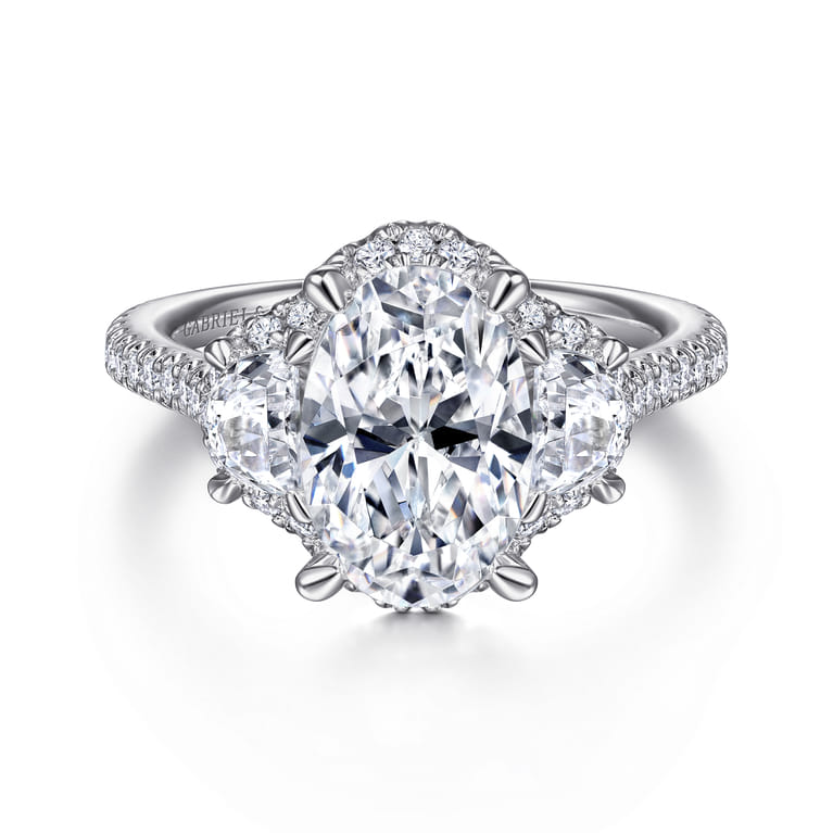 Wade - 14K White Gold Oval Three Stone Halo Diamond Engagement Ring - 1.1 ct - Shot 1