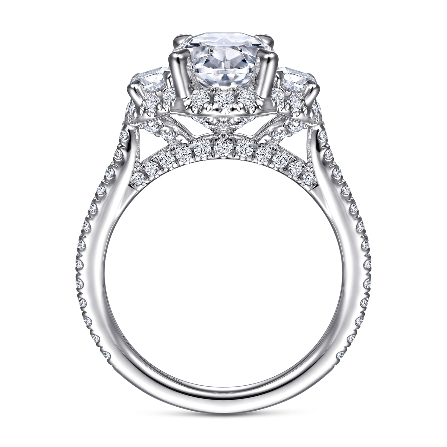 Wade - 14K White Gold Oval Three Stone Halo Diamond Engagement Ring - 1.1 ct - Shot 2