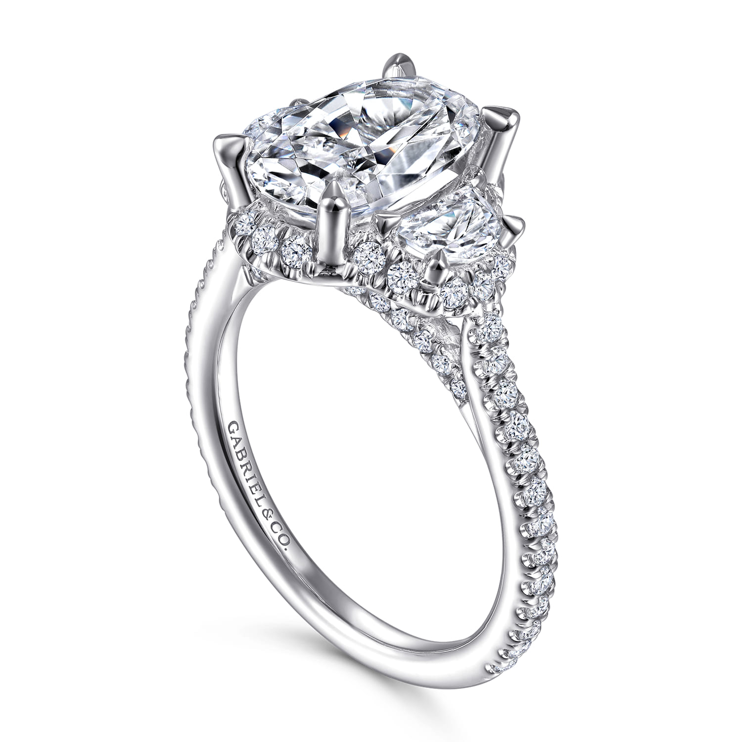 Wade - 14K White Gold Oval Three Stone Halo Diamond Engagement Ring - 1.1 ct - Shot 3
