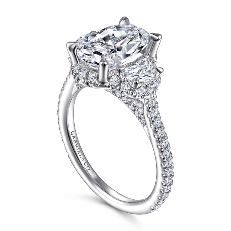 Wade - 14K White Gold Oval Three Stone Halo Diamond Engagement Ring - 1.1 ct - Shot 3