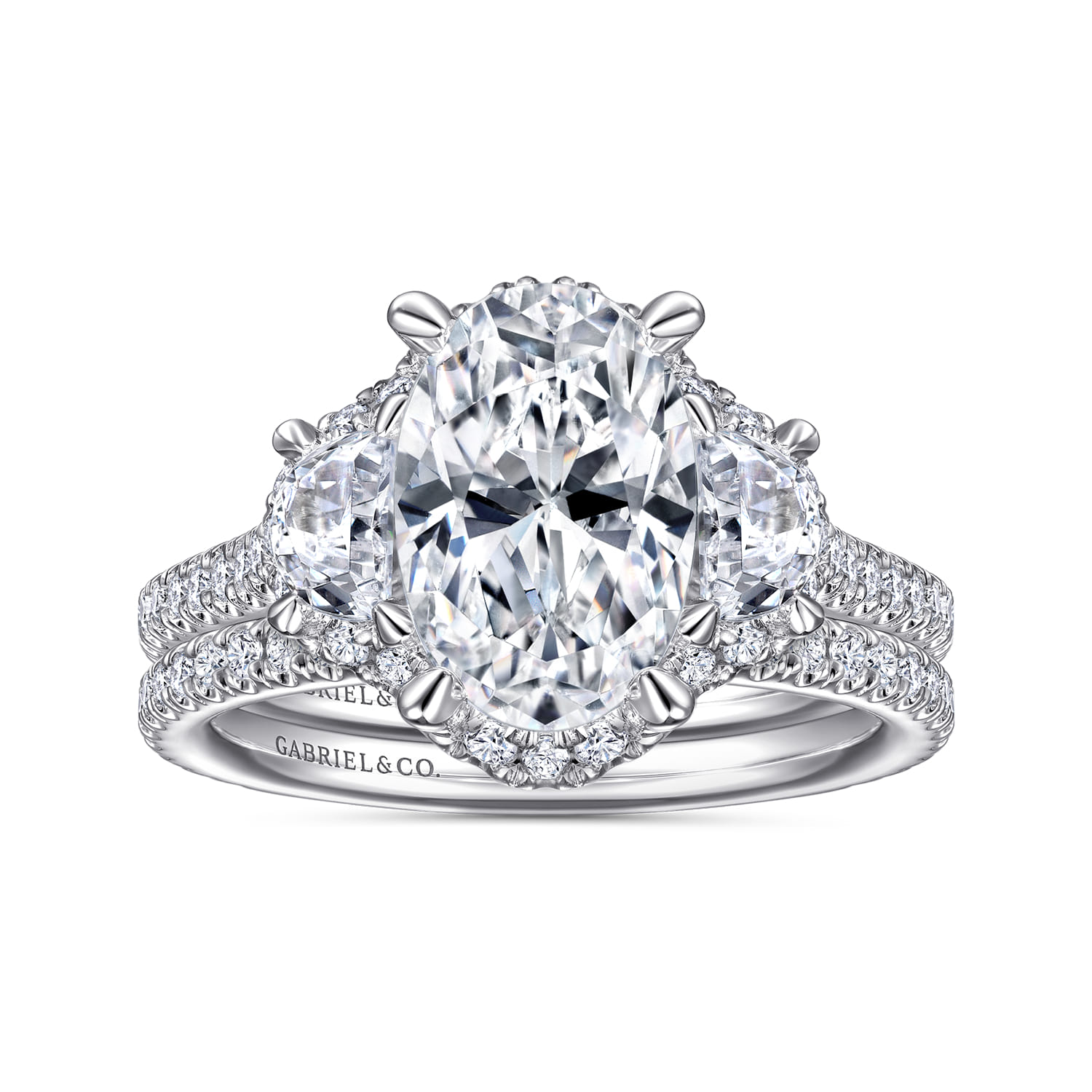 Wade - 14K White Gold Oval Three Stone Halo Diamond Engagement Ring - 1.1 ct - Shot 4