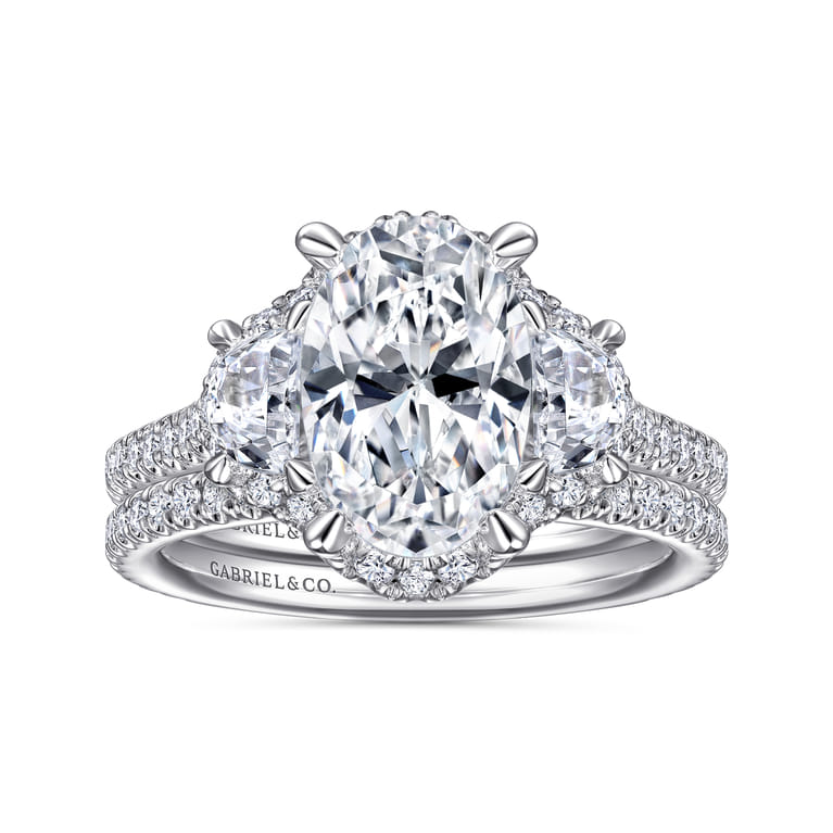 Wade - 14K White Gold Oval Three Stone Halo Diamond Engagement Ring - 1.1 ct - Shot 4