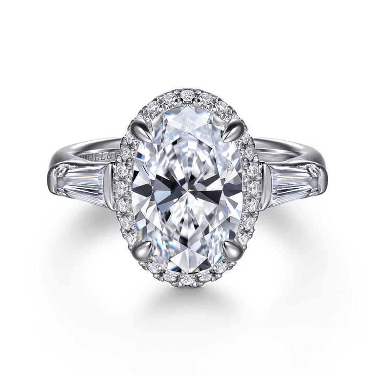 Briela - 14K White Gold Oval Cut Three Stone Halo Diamond Engagement Ring - 0.64 ct - Shot 1