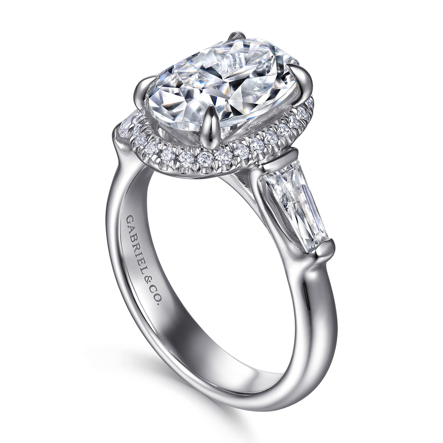 Briela - 14K White Gold Oval Cut Three Stone Halo Diamond Engagement Ring - 0.64 ct - Shot 3