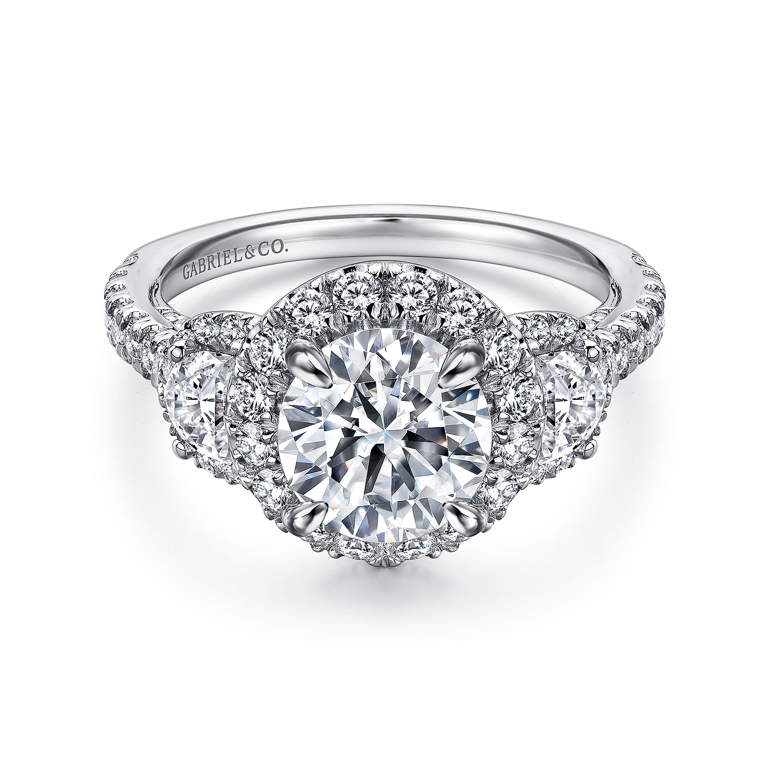 Leda - 14K White Gold Round Three Stone Halo Diamond Engagement Ring - 1.48 ct - Shot 1