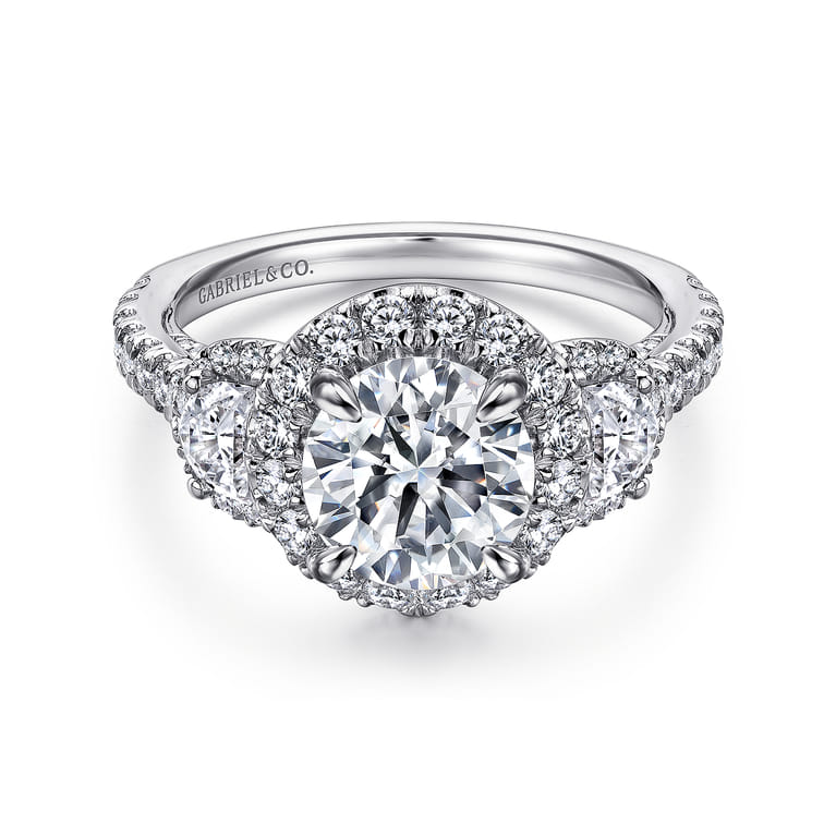 Leda - 14K White Gold Round Three Stone Halo Diamond Engagement Ring - 1.48 ct - Shot 1