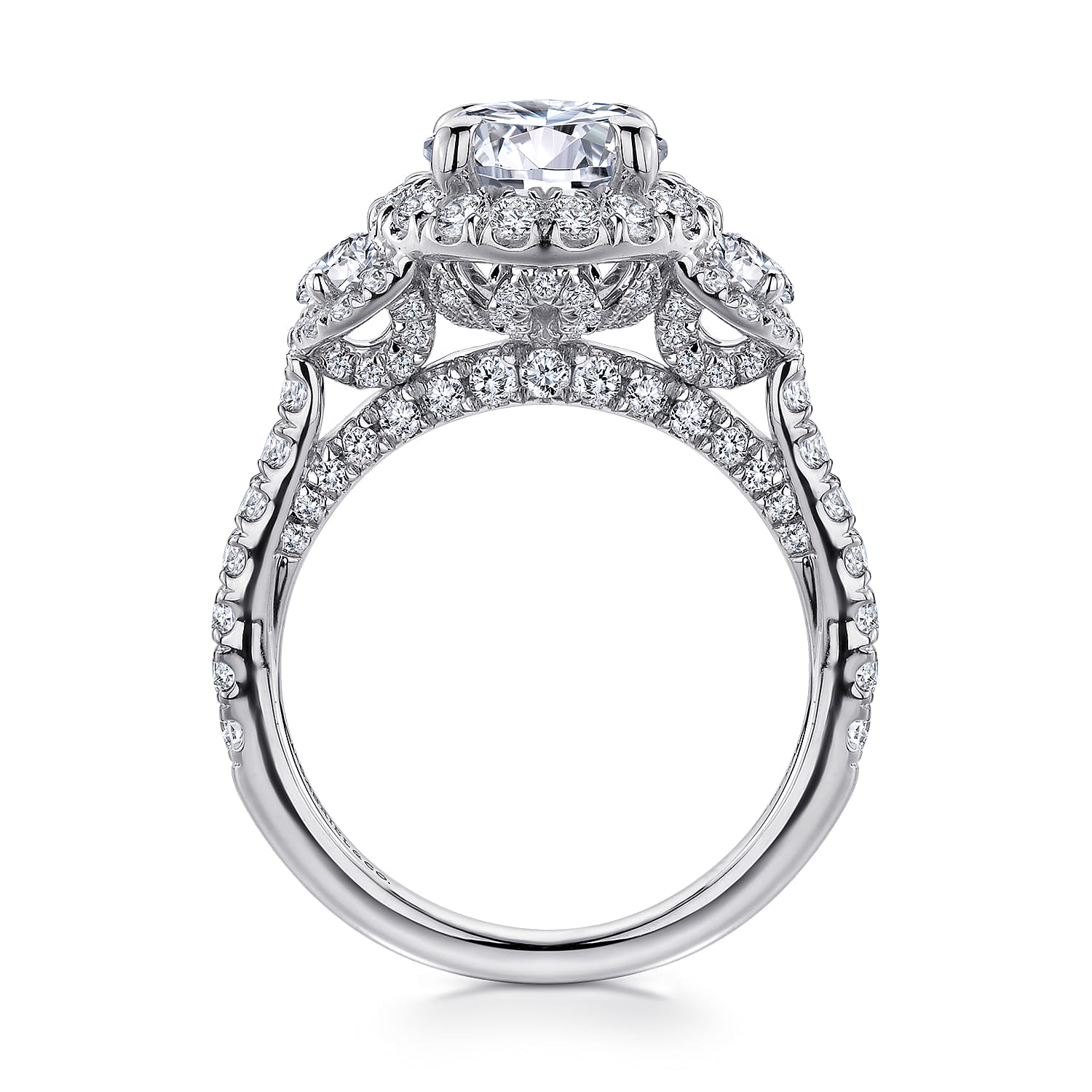 Leda - 14K White Gold Round Three Stone Halo Diamond Engagement Ring - 1.48 ct - Shot 2
