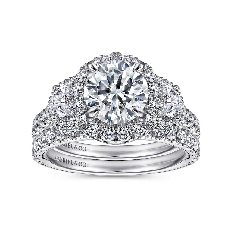 Leda - 14K White Gold Round Three Stone Halo Diamond Engagement Ring - 1.48 ct - Shot 4