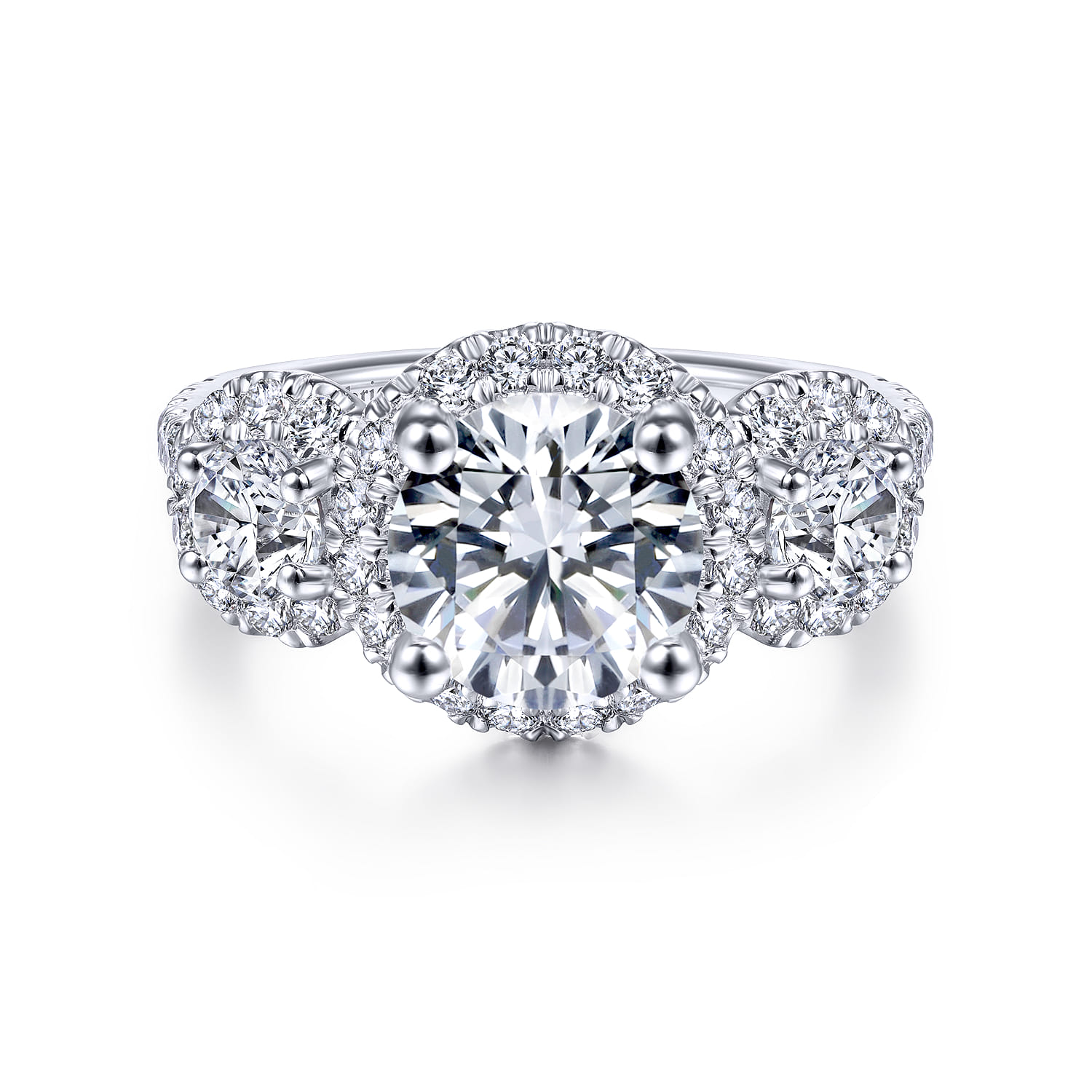 France - 14K White Gold Round 3 Stone Halo Diamond Engagement Ring - 1.25 ct - Shot 1
