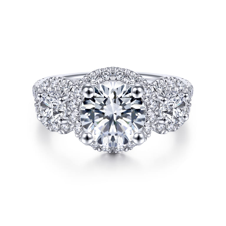 France - 14K White Gold Round 3 Stone Halo Diamond Engagement Ring - 1.25 ct - Shot 1