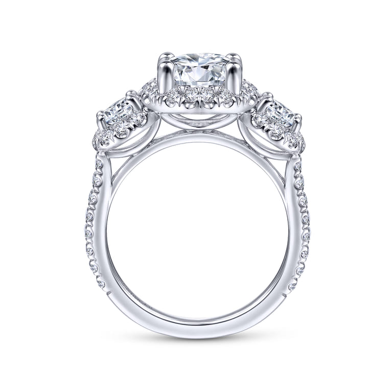 France - 14K White Gold Round 3 Stone Halo Diamond Engagement Ring - 1.25 ct - Shot 2