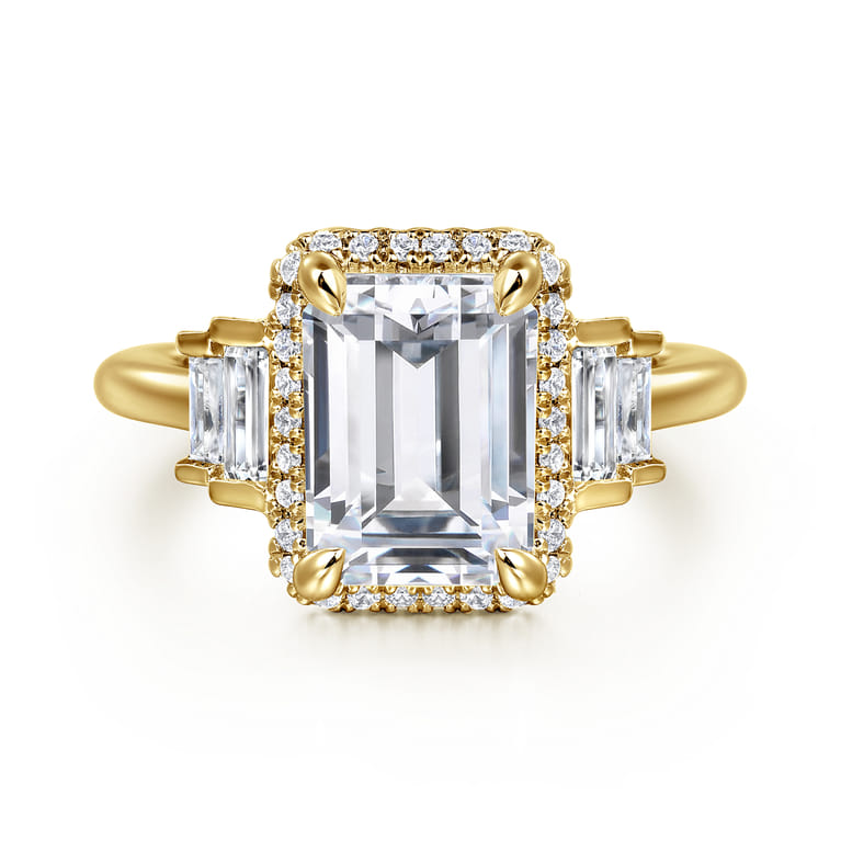Anita - 14K Yellow Gold Emerald Cut Halo Five Stone Diamond Engagement Ring - 0.6 ct - Shot 1