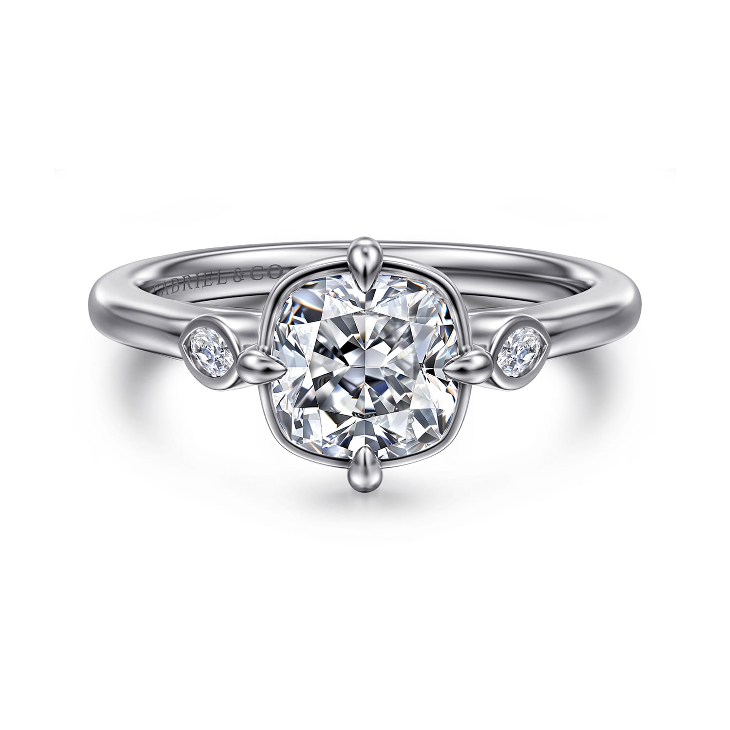 Charli - 14K White Gold Bezel Prong Cushion Cut Three Stone Diamond Engagement Ring - 0.1 ct - Shot 1