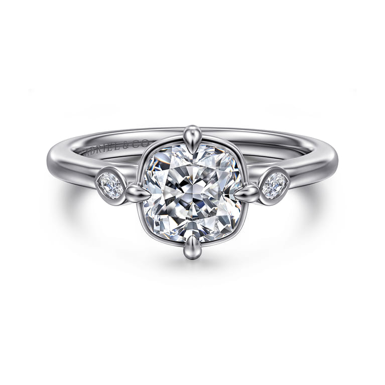 Charli - 14K White Gold Bezel Prong Cushion Cut Three Stone Diamond Engagement Ring - 0.1 ct - Shot 1