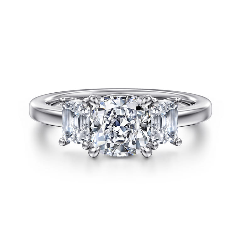 Stephi - 14K White Gold Cushion Cut Three Stone Diamond Engagement Ring - 0.6 ct - Shot 1
