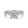 Moon - 14K White Gold Cushion Cut Three Stone Lotus Diamond Engagement Ring - 0.4 ct