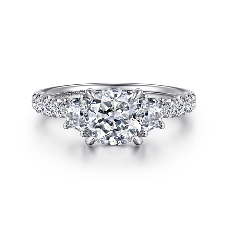 Dee - 14K White Gold Cushion Cut Three Stone Lotus Diamond Engagement Ring - 0.6 ct - Shot 1