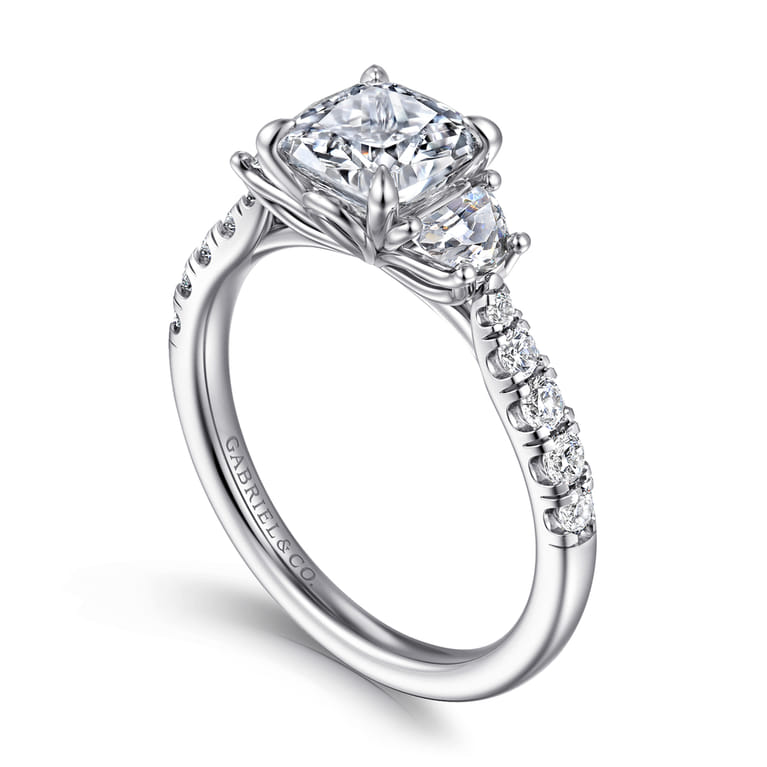 Dee - 14K White Gold Cushion Cut Three Stone Lotus Diamond Engagement Ring - 0.6 ct - Shot 3
