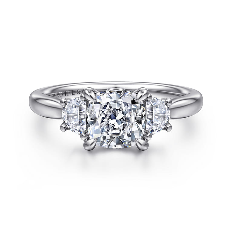 Devon - 14K White Gold Cushion Cut Three Stone Lotus Diamond Engagement Ring - 0.38 ct - Shot 1