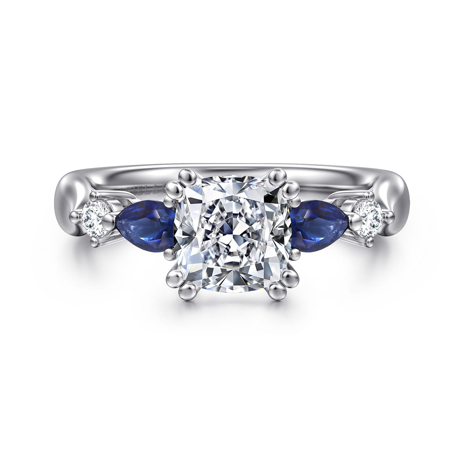 Carrie - 14K White Gold Cushion Cut Five Stone Sapphire and Diamond Engagement Ring - 0.1 ct - Shot 1