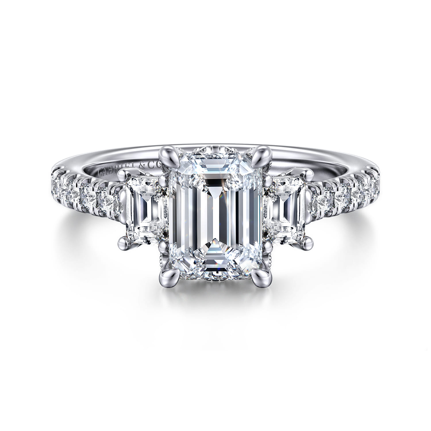 Charlene - 14K White Gold Emerald Cut Three Stone Diamond Engagement Ring - 1.1 ct - Shot 1