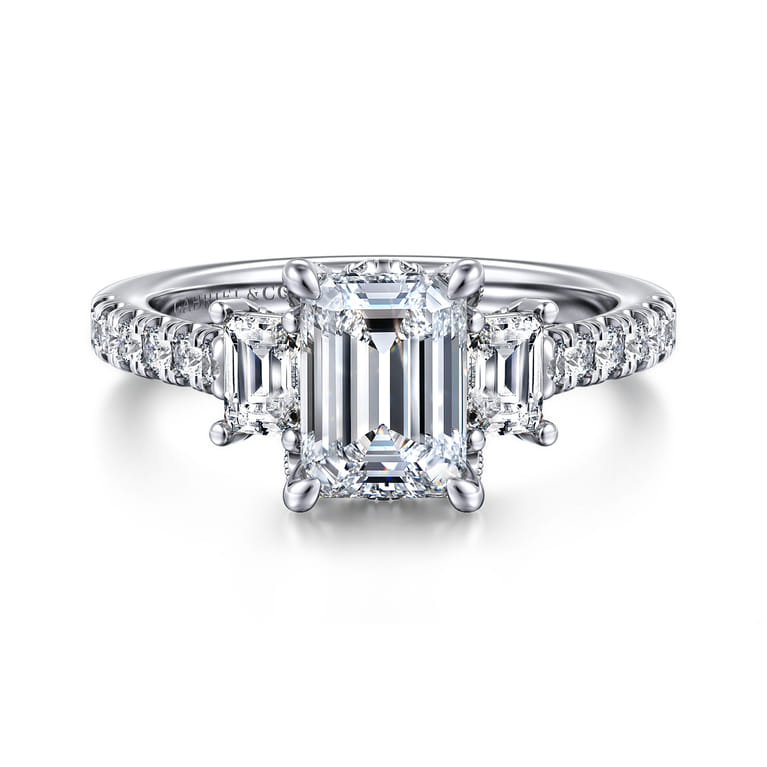 Charlene - 14K White Gold Emerald Cut Three Stone Diamond Engagement Ring - 1.1 ct - Shot 1