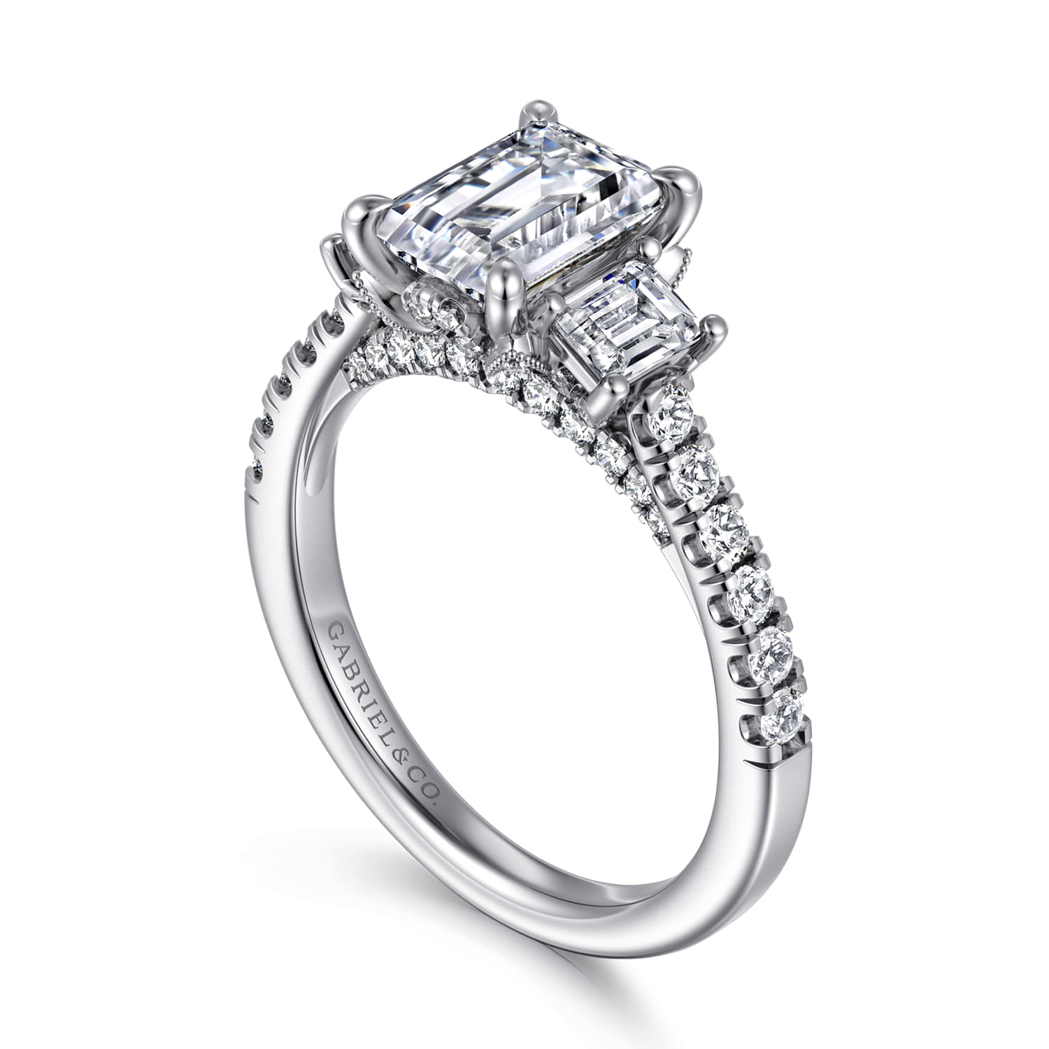 Charlene - 14K White Gold Emerald Cut Three Stone Diamond Engagement Ring - 1.1 ct - Shot 3