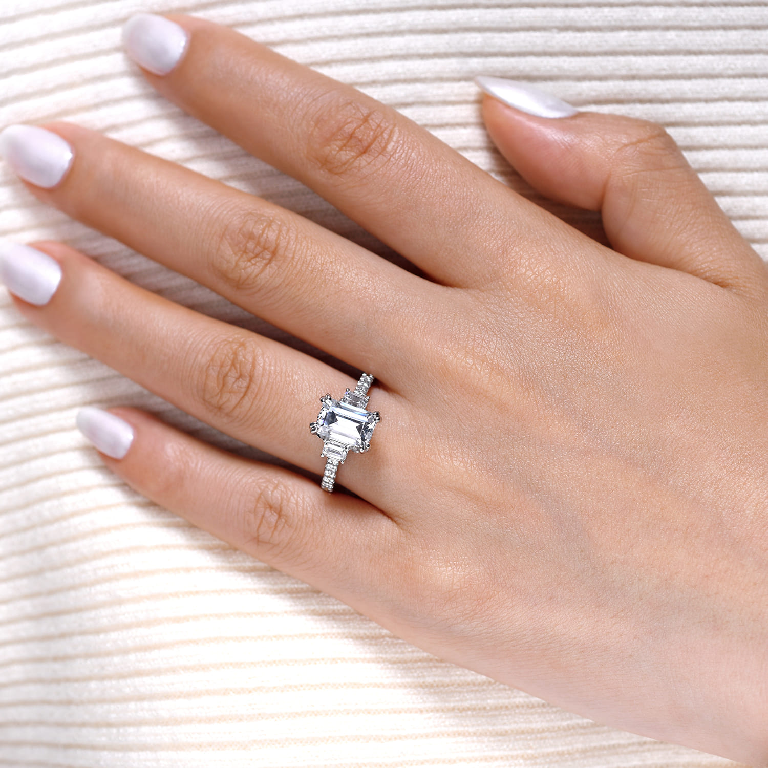 Charlene - 14K White Gold Emerald Cut Three Stone Diamond Engagement Ring - 1 ct - Shot 6