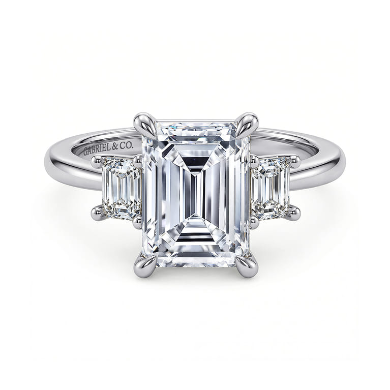 Stephi - 14K White Gold Emerald Cut Three Stone Diamond Engagement Ring - 0.5 ct - Shot 1