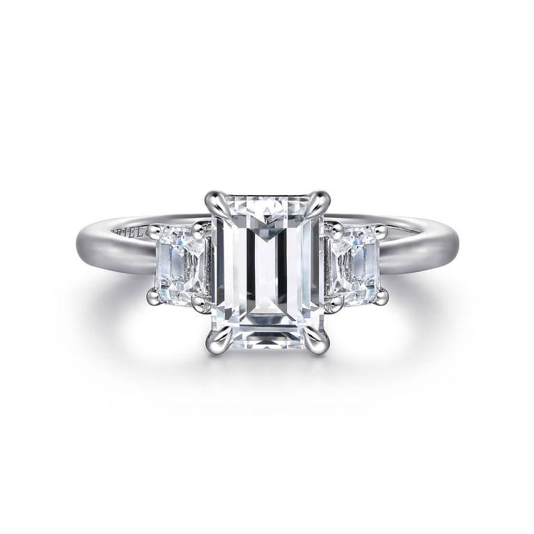 Stephi - 14K White Gold Emerald Cut Three Stone Diamond Engagement Ring - 0.5 ct - Shot 1
