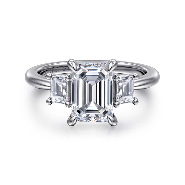 Stephi - 14K White Gold Emerald Cut Three Stone Diamond Engagement Ring - 0.5 ct - Shot 1