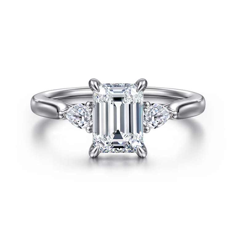 Reema - 14K White Gold Emerald Cut Three Stone Lotus Diamond Engagement Ring - 0.24 ct - Shot 1