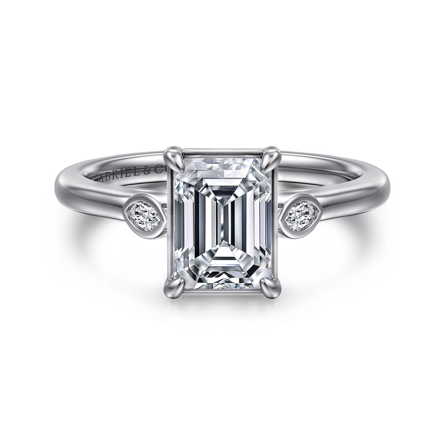 Charli - 14K White Gold Bezel Prong Emerald Cut Three Stone Diamond Engagement Ring - 0.1 ct - Shot 1