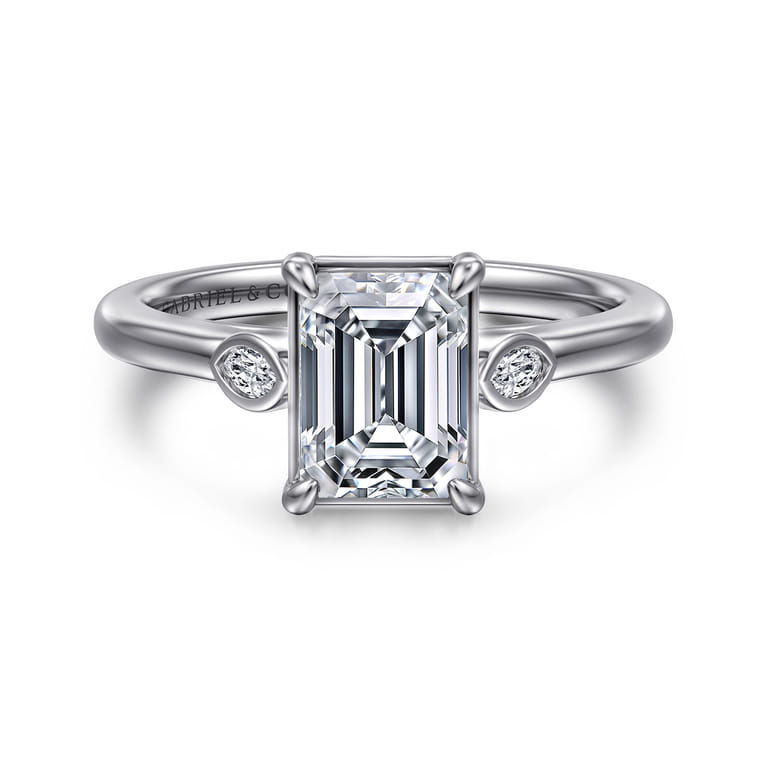 Charli - 14K White Gold Bezel Prong Emerald Cut Three Stone Diamond Engagement Ring - 0.1 ct - Shot 1