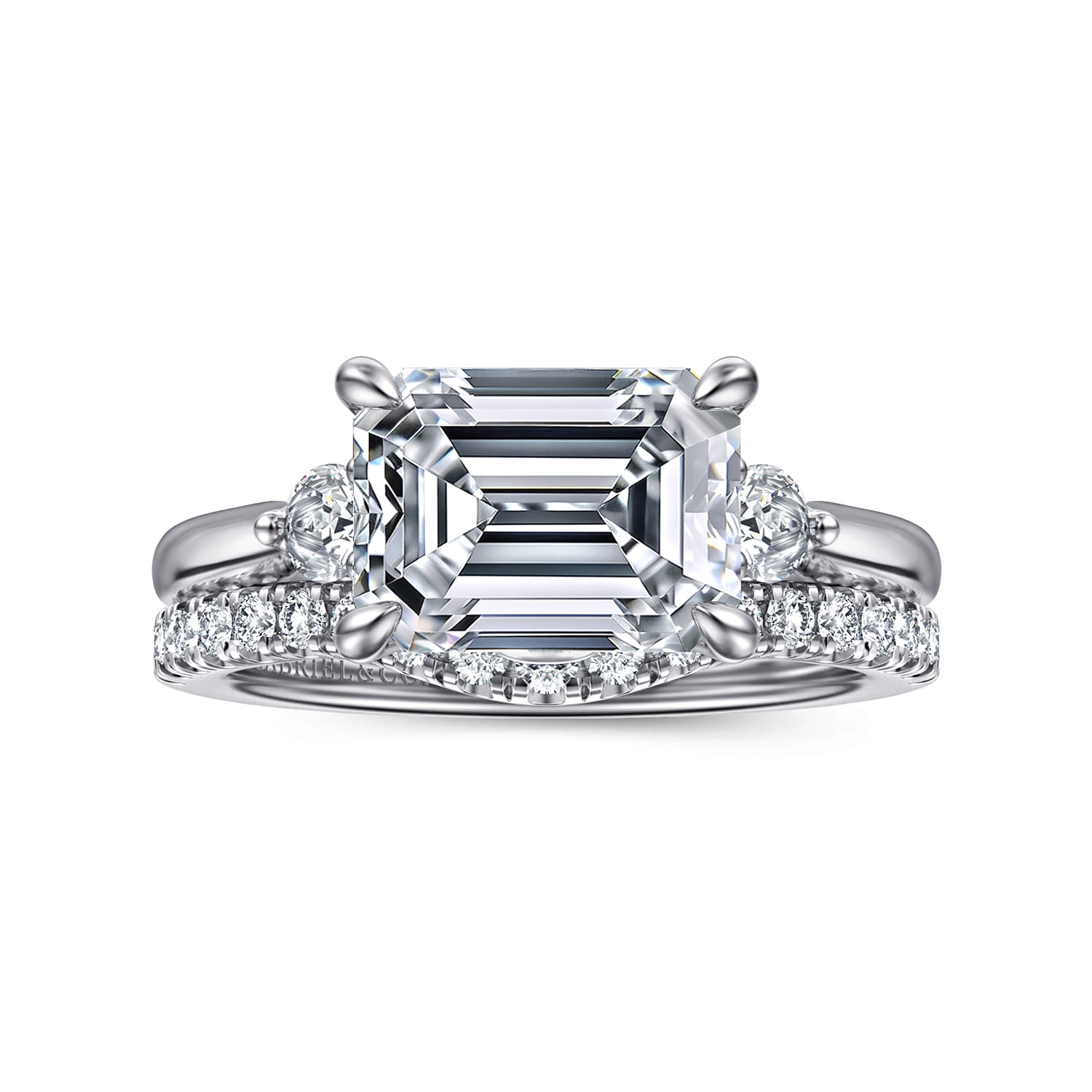 Darline - 14K White Gold Emerald Cut Three Stone Lotus Diamond Engagement Ring - 0.22 ct - Shot 4