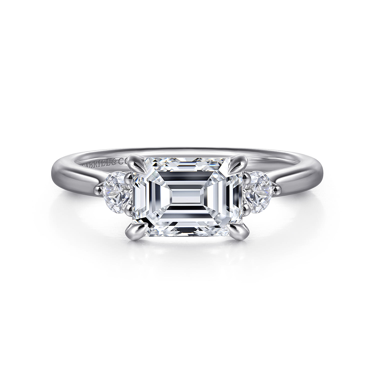 Darline - 14K White Gold Emerald Cut Three Stone Lotus Diamond Engagement Ring - 0.22 ct - Shot 1