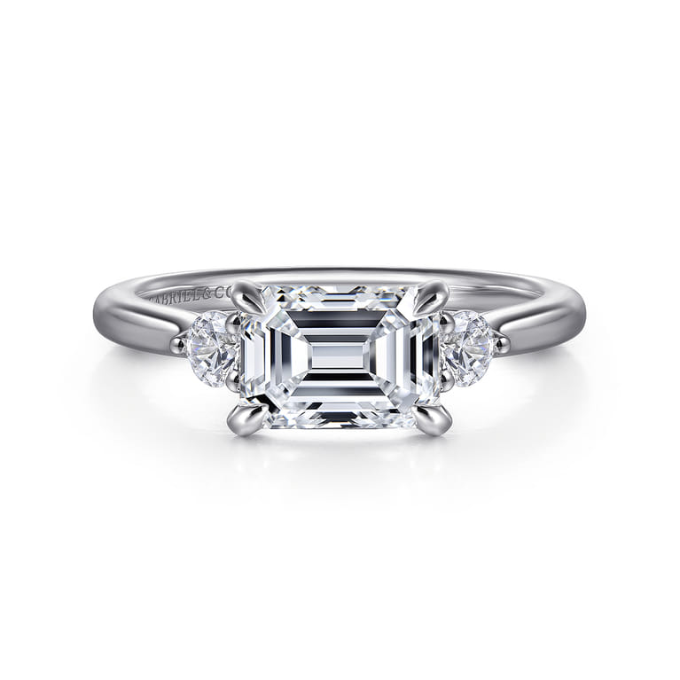 Darline - 14K White Gold Emerald Cut Three Stone Lotus Diamond Engagement Ring - 0.22 ct - Shot 1