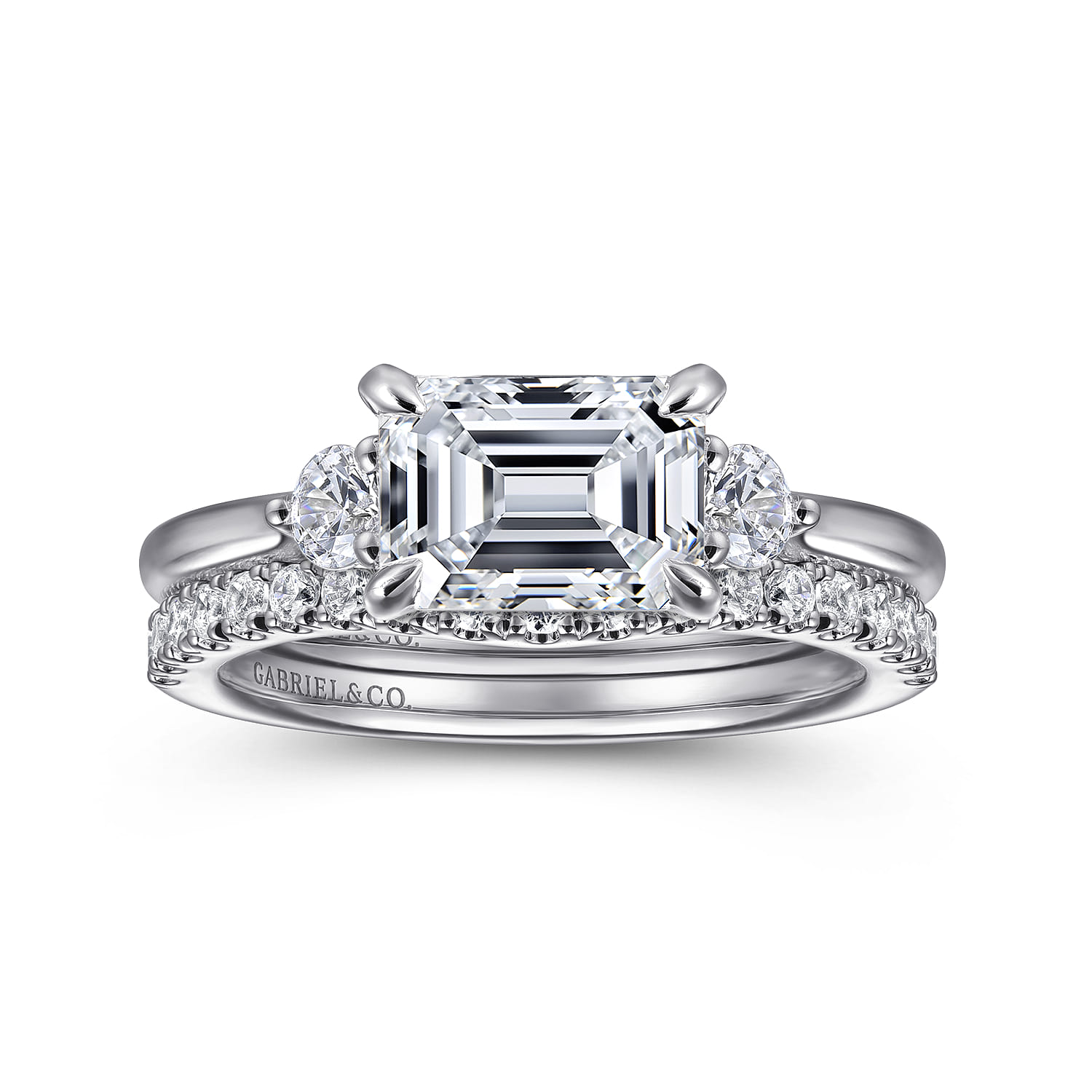 Darline - 14K White Gold Emerald Cut Three Stone Lotus Diamond Engagement Ring - 0.22 ct - Shot 4