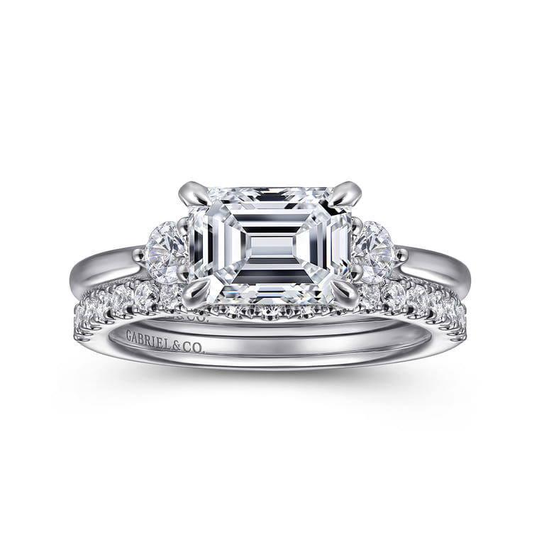Darline - 14K White Gold Emerald Cut Three Stone Lotus Diamond Engagement Ring - 0.22 ct - Shot 4